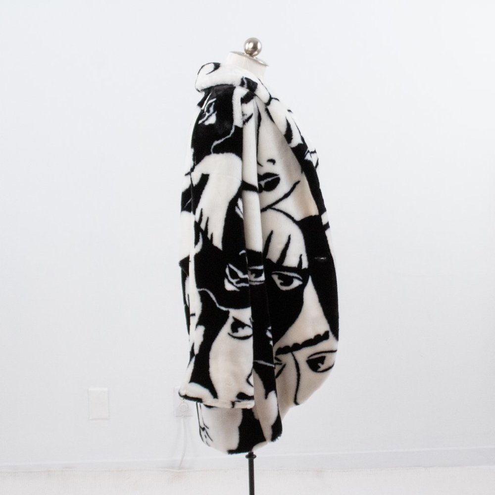 Vintage 80s L Faux Fur Faces Print Wrap Midi Coat - Picture 10 of 16